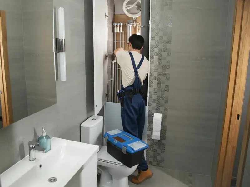 Plumber repairing pipes behind a bathroom wall