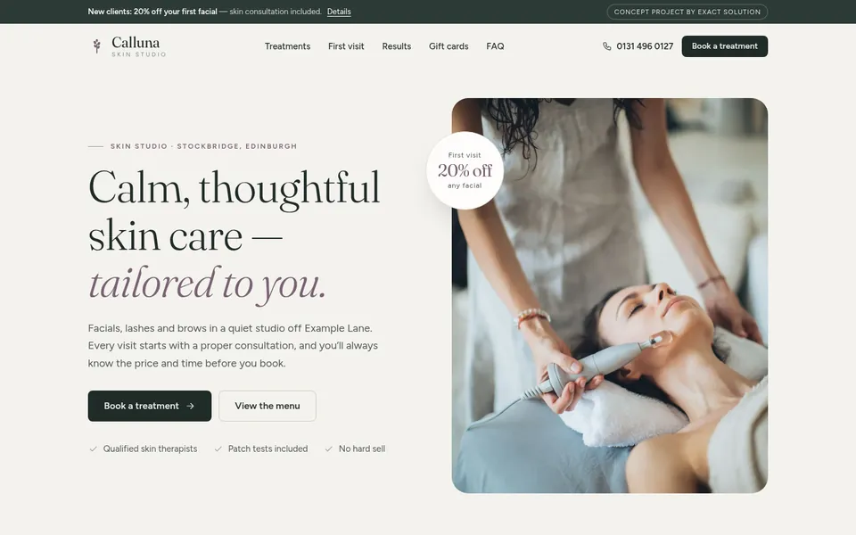 Calluna skin studio concept homepage on desktop