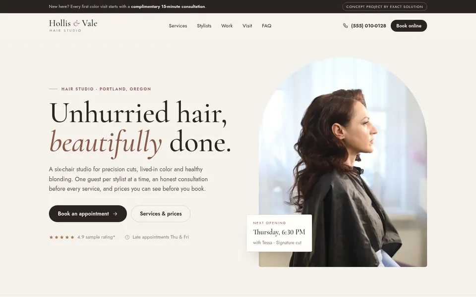 Hollis & Vale hair studio concept homepage on desktop