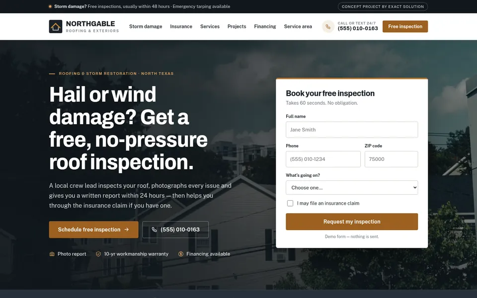 Northgable roofing concept homepage on desktop