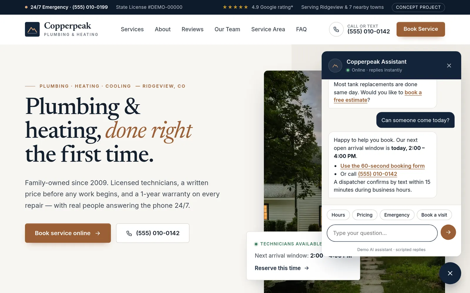 Copperpeak concept site with the AI chat assistant open, answering a pricing question