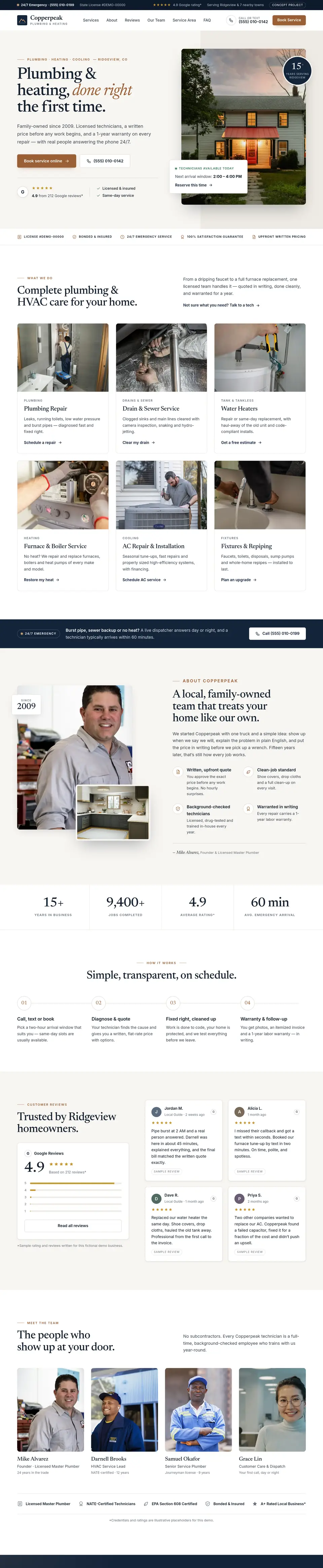 Copperpeak Plumbing & Heating concept website, scrolling from the hero to the reviews section